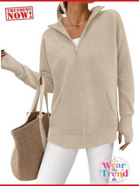 Ribbed Knit Zip Up Cardigan Sweater with Thumb Holes & Kangaroo Pocket